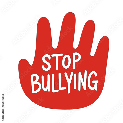 A vibrant red hand graphic with the words 'STOP BULLYING' in white, symbolizing an anti-bullying message and call for kindness and awareness.