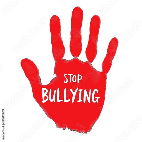 A red handprint with "STOP BULLYING" text on a white background.