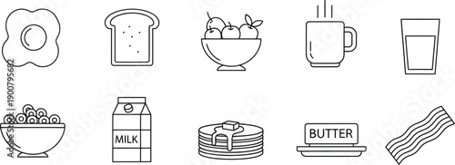 Collection of simple line art icons representing common breakfast and morning meal food items