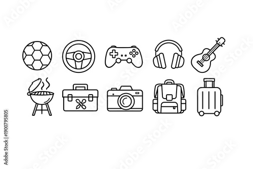 Outline hobby and travel icons set featuring soccer ball, steering wheel, game controller, headphones, guitar, grill, first aid kit, camera, backpack, suitcase
