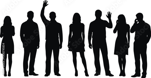 Silhouettes of people standing waving talking phone gestures diverse human posture communication design illustration abstract character outline flat vector
