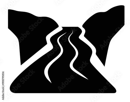 Abstract black and white image of a winding road through a broken landscape
