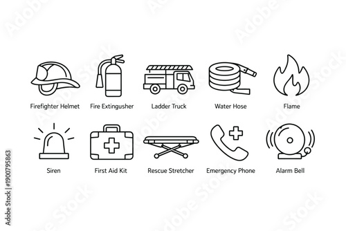 Minimal black and white emergency response icons showing firefighter helmet, extinguisher, ladder truck, hose, flame, siren, first aid, stretcher, phone, alarm