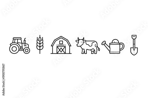 Minimal line icon set of farm elements with tractor, wheat stalk, barn, cow, watering can and shovel in simple monochrome outline style