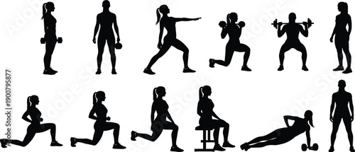 Black Fitness Woman Silhouette Vector Set Featuring Gym Exercises Weightlifting Lunges Squats and Bodybuilding Poses for Health and Workout Design Elements,