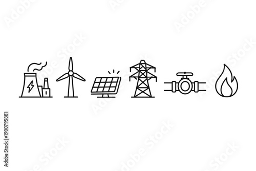 Minimal line icons illustrating energy sources and infrastructure, including power plant, wind turbine, solar panel, transmission tower, gas valve, and flame