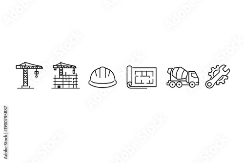 Minimal line icon set of construction industry tools and equipment including crane, building, hardhat, blueprint, mixer truck, and wrench