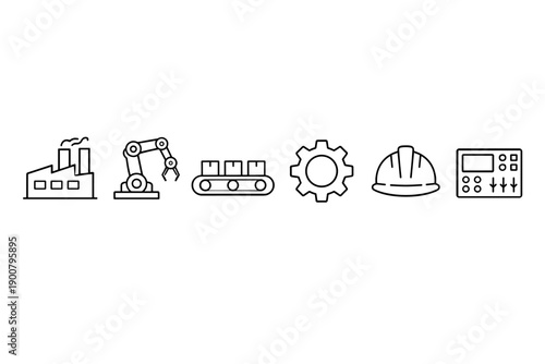 Minimal line icon set of industrial manufacturing elements including factory building, robotic arm, conveyor belt, gear, safety helmet, and control panel