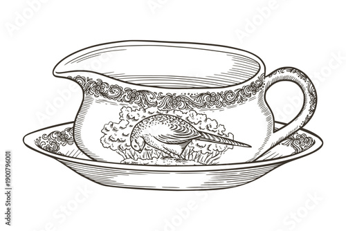 Sauce boat with plate dishware sketch in vintage style. Porcelain tableware with pheasant bird print. Hand drawn serving vector illustration. Ideal for template design. Ceramic art for greeting card.