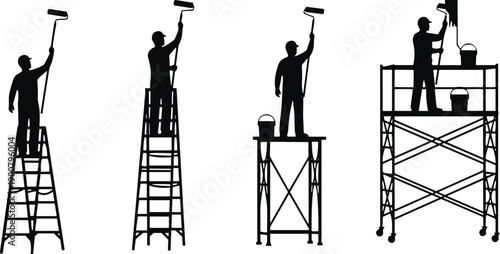   
Silhouettes of workers painting walls using ladders and scaffolds, construction labor illustration, safety equipment concept, building maintenance design, industrial flat vector