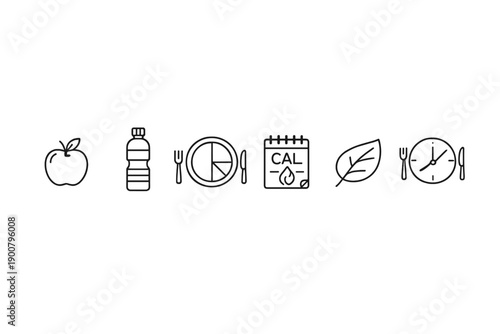 Minimal monochrome banner with nutrition icons showing apple, water bottle, plate, calorie calendar, leaf, and meal clock for healthy eating planning