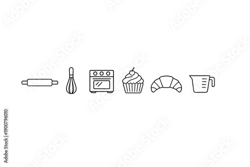 Minimal baking icons set showing rolling pin, whisk, oven, cupcake, croissant, and measuring cup on dark gradient background