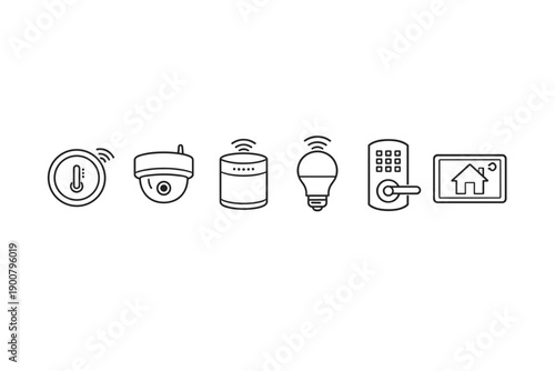 Minimal line icon set of smart home devices showing voice assistant, security camera, wireless speaker, smart bulb, keypad lock, and touchscreen control panel
