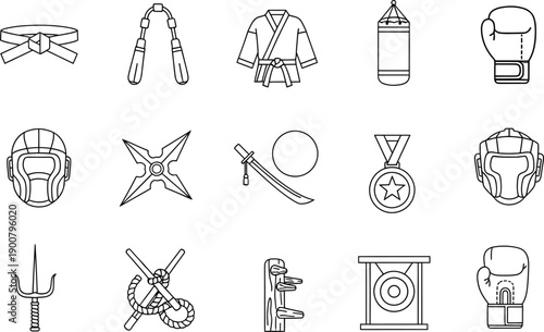Black and white line icons collection representing martial arts gear and training equipment