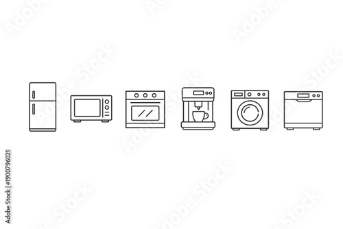 Minimal line icon set of household kitchen and laundry appliances including refrigerator, microwave, oven, coffee machine, washing machine, dishwasher