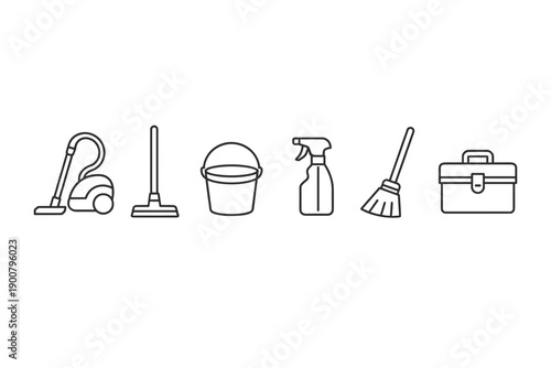 Minimal line icons of household cleaning and maintenance tools including vacuum, mop, bucket, spray bottle, broom, and toolbox on white