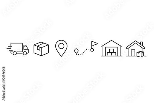 Minimal line icon set illustrating delivery logistics workflow with truck, package, location pin, route path, warehouse, and home drop-off
