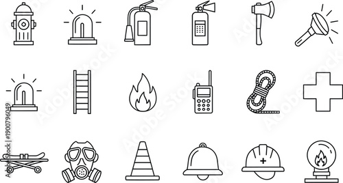 A set of emergency and fire-safety equipment icons in simple line art style