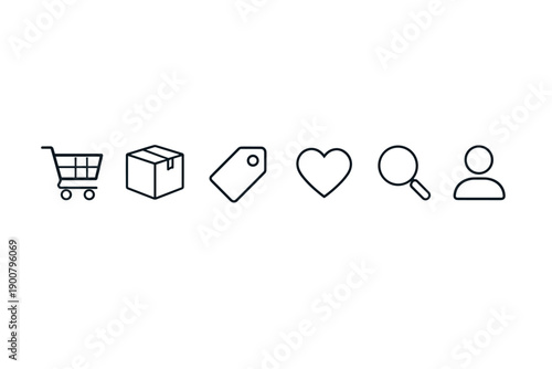Minimal line icon set featuring shopping cart, delivery box, price tag, heart favorite, search magnifier, and user profile symbols on white background