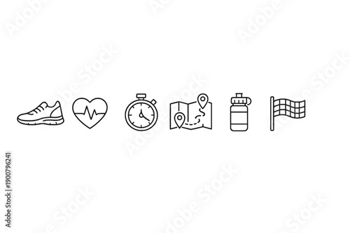 Minimal fitness line icons showing running shoe, heart rate, stopwatch, navigation map, water bottle, and finish flag on dark gradient background