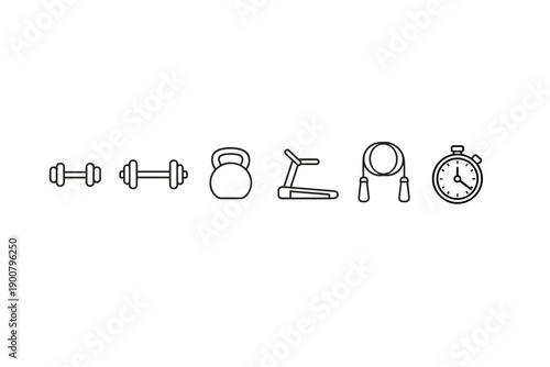Minimal line icons of fitness equipment including dumbbells, kettlebell, treadmill, jump rope, and stopwatch arranged in a simple row