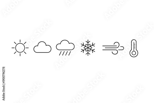 Minimal line weather icon set showing sun, clouds, rain, snowflake, wind gusts, and thermometer for forecasting and climate interface design