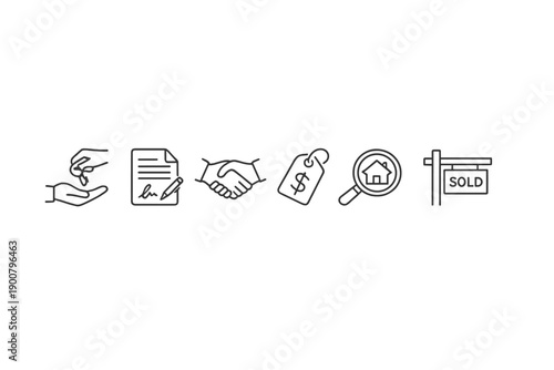 Minimal real estate transaction icons in a row showing contract signing, handshake agreement, price tag, home search, and sold sign on dark background