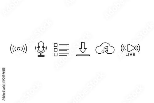 Monochrome interface banner showing media icons for microphone recording, checklist settings, download arrow, cloud music storage, and live streaming playback