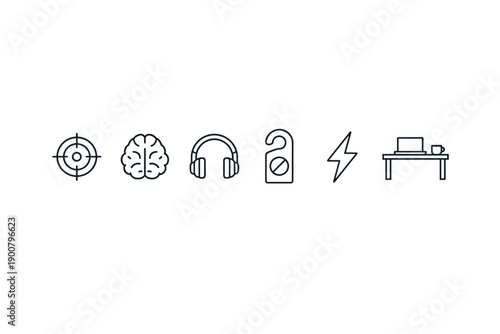 Minimal line icons set showing target, brain, headphones, door hanger, lightning bolt, and work desk in clean monochrome outline style