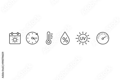 Monochrome weather and climate interface icons showing forecast calendar, time clock, temperature thermometer, humidity droplet, UV index sun, and wind gauge