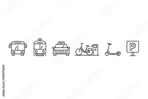 Minimal line icons of urban transportation and mobility services including bus, train, taxi, bike charging station, scooter, and parking sign
