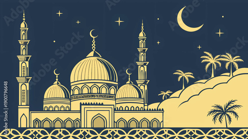 Islamic Architecture with Crescent Moon – Spiritual Eid & Ramadan Artwork
