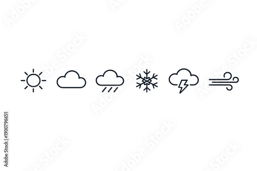 Minimal weather forecast icons set showing sun, cloudy, rainy, snowflake, thunderstorm, and wind symbols arranged in a simple horizontal row