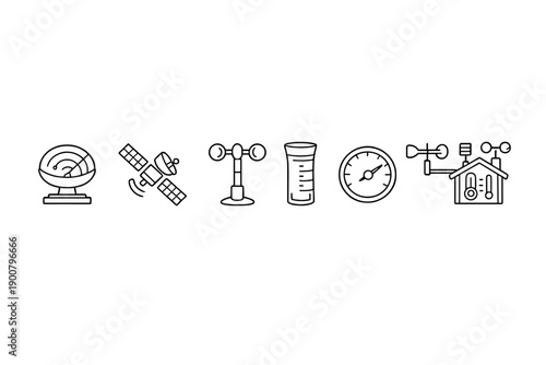 White line icons of scientific instruments including satellite dish, spacecraft, weather sensor, measuring cylinder, gauge, and laboratory apparatus on dark background