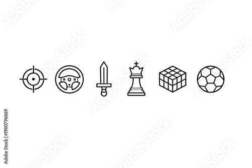 Minimal black outline icon set featuring crosshair target, steering wheel, dagger, chess king, cube puzzle, and soccer ball in a simple line style