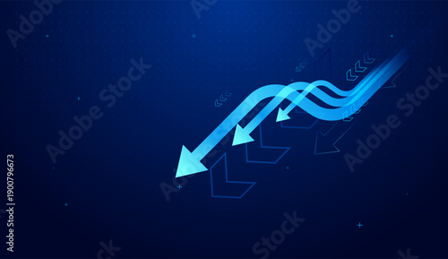 Falling down arrows point symbolizing finance progress as values move downward to reach the target vector. Blue arrows move down, falling concepts
