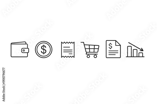 Minimal line icons set showing wallet, dollar coin, receipt, shopping cart, invoice document, and declining chart for finance, payments, and commerce