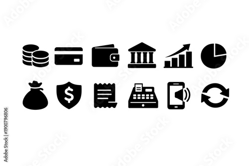 Set of black finance and banking icons including coins, credit card, wallet, bank building, growth chart, pie chart, receipt, cash register, smartphone