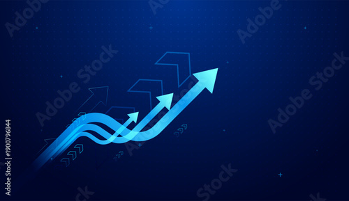 The smooth arrows curve highlights of finance moving up through change and still increasing. Financial graph with uptrend line and arrows on blue color background