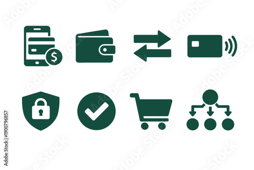 Set of green financial icons showing mobile payment, wallet transfer, contactless card, security shield, verification checkmark, shopping cart, and network diagram
