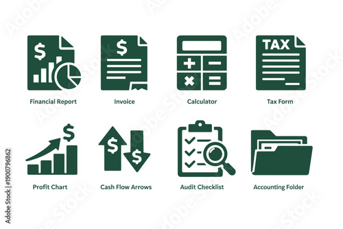 Collection of accounting and finance icons showing financial report, invoice, calculator, tax form, profit chart, cash flow arrows, audit checklist, folder