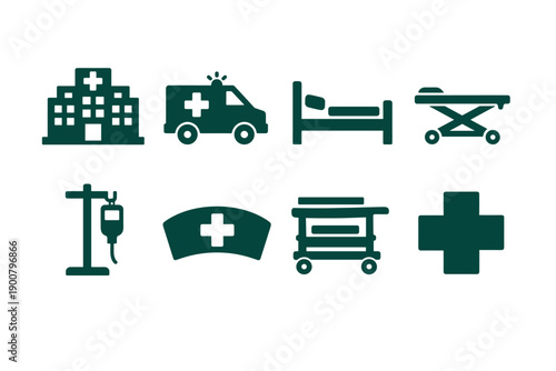 Set of medical and hospital icons including building, ambulance, patient bed, stretcher, IV drip, nurse cap, equipment cart, and cross symbol