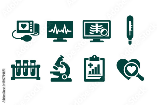 Set of healthcare and medical diagnostic icons including patient monitor, ECG waveform, X-ray screen, thermometer, lab tubes, microscope, clipboard, and heart check