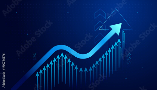 The rising arrows with graph blue shows finance and budsiness on dark blue background, moving past each point to increase toward a clear goal concepts
