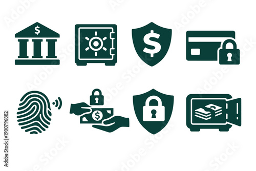 Set of financial security icons including bank, fingerprint, shield locks, credit card, secure payment, and cash vault for cybersecurity protection concepts