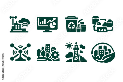 Set of green industry and sustainability icons showing factory emissions, analytics dashboard, recycling, logistics, connectivity, infrastructure, energy, and eco city