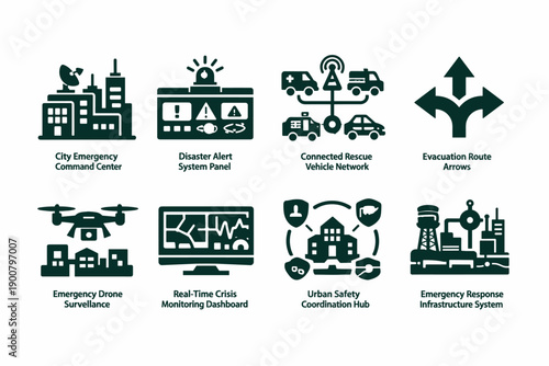 Emergency management infographic icons showing command center, disaster alerts, connected rescue vehicles, evacuation routes, drone surveillance, monitoring, coordination, infrastructure