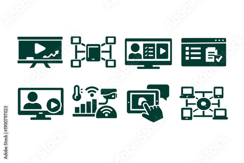 Set of green digital technology and communication icons showing video, analytics, networking, dashboard, wireless signals, touchscreen interaction, and connectivity