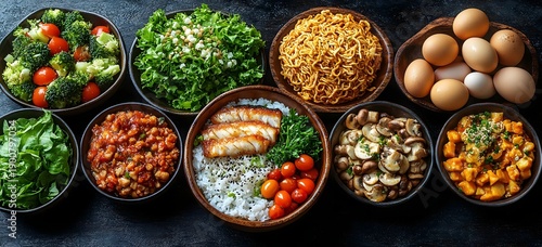 A variety of healthy food bowls arranged on a dark surface including vegetables eggs and proteins for a nutritious meal