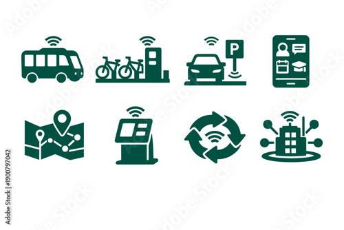 Smart city mobility and connectivity icons showing transit, bike sharing, parking, navigation, contactless payments, wireless data, and urban infrastructure